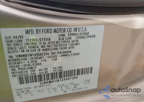 2003 Lincoln Town Car Executive from USA, damaged, VIN 1LNHM81W13Y687256